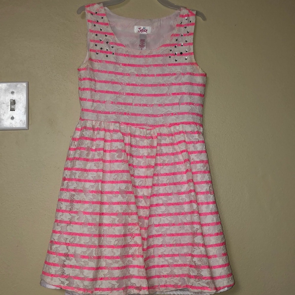 Justice Girls Pink Lace Striped Dress